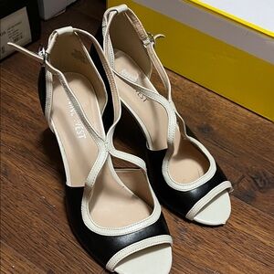 Nine West Black and Cream Open-Toe Heels